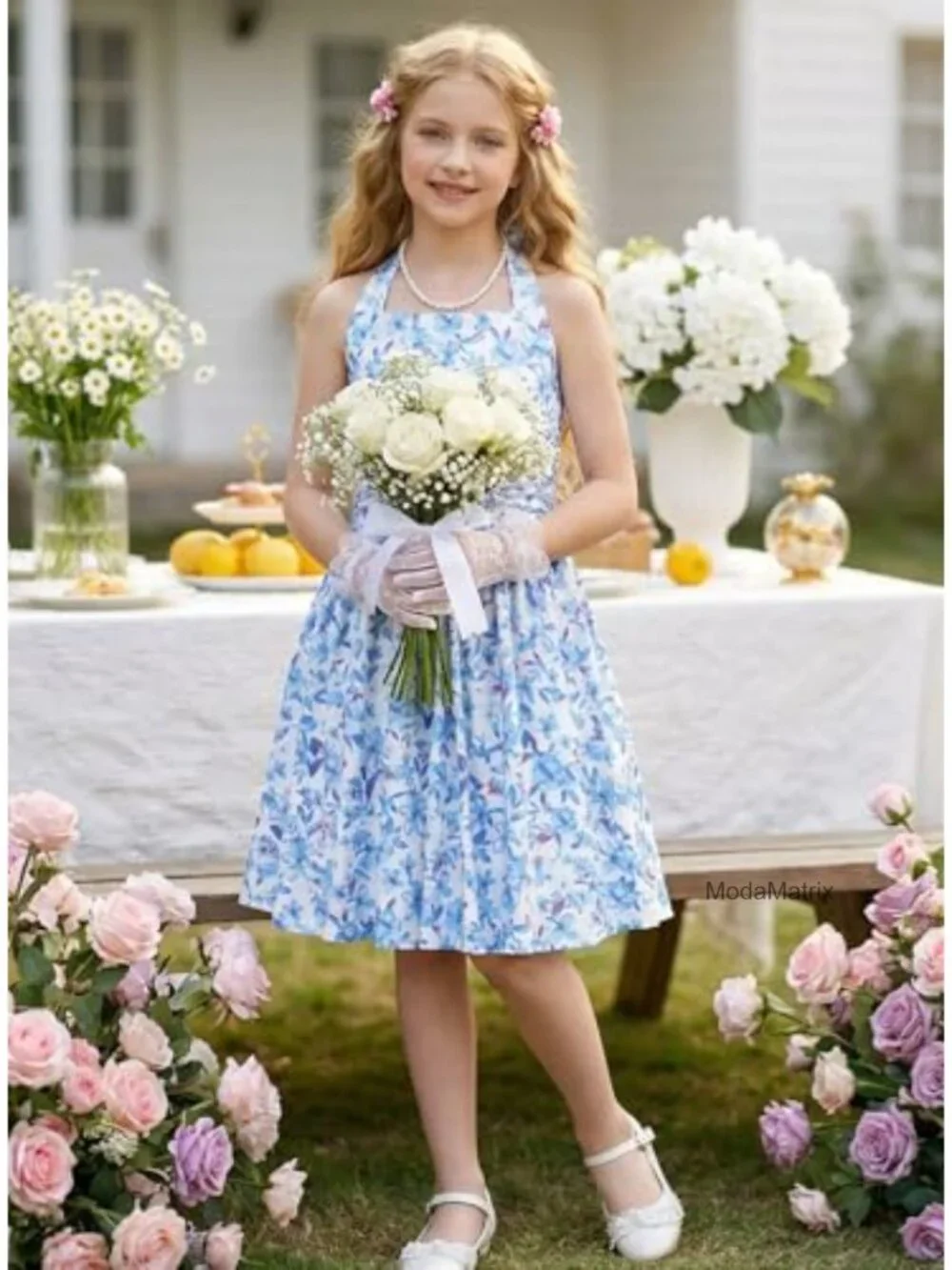 Girls Floral Halter Tie Back Dress Sleeveless Smocked Summer Party